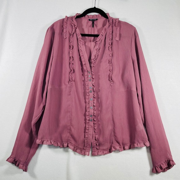 Oleg‎ Cassini Ruffle Blouse Button Down Long Sleeve Pink Top XL Women V Neck - Picture 6 of 10